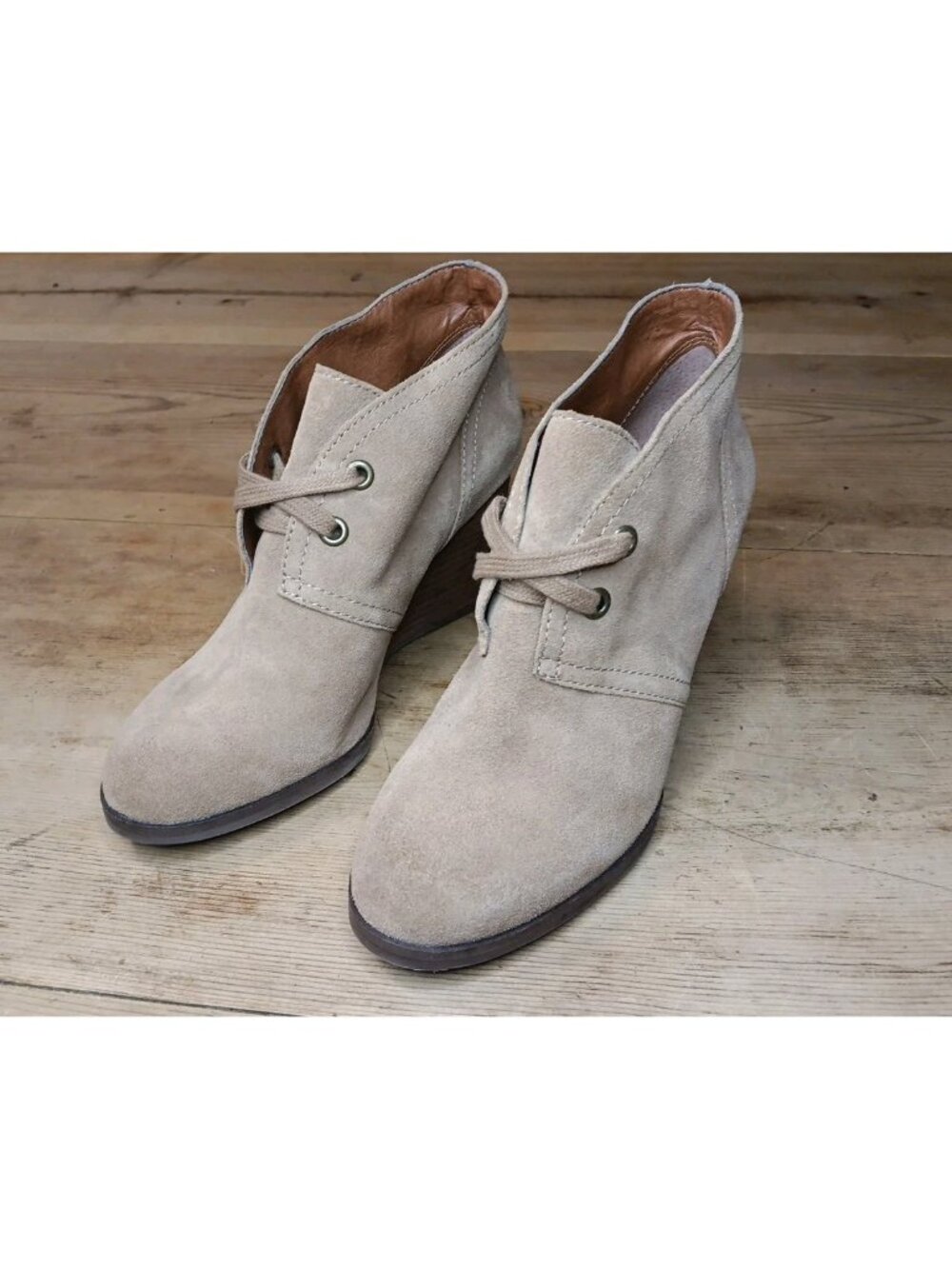 Lucky Brand Sway Boot Women 7.5 M Ankle Bootie Cognac Brown Suede Wedge Lace Up